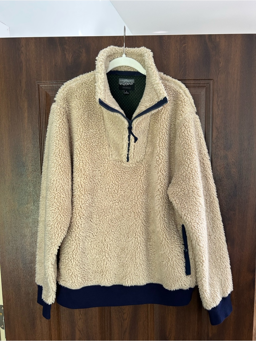 J. Crew Cream Sherpa Half-Zip Pullover with Navy Accents